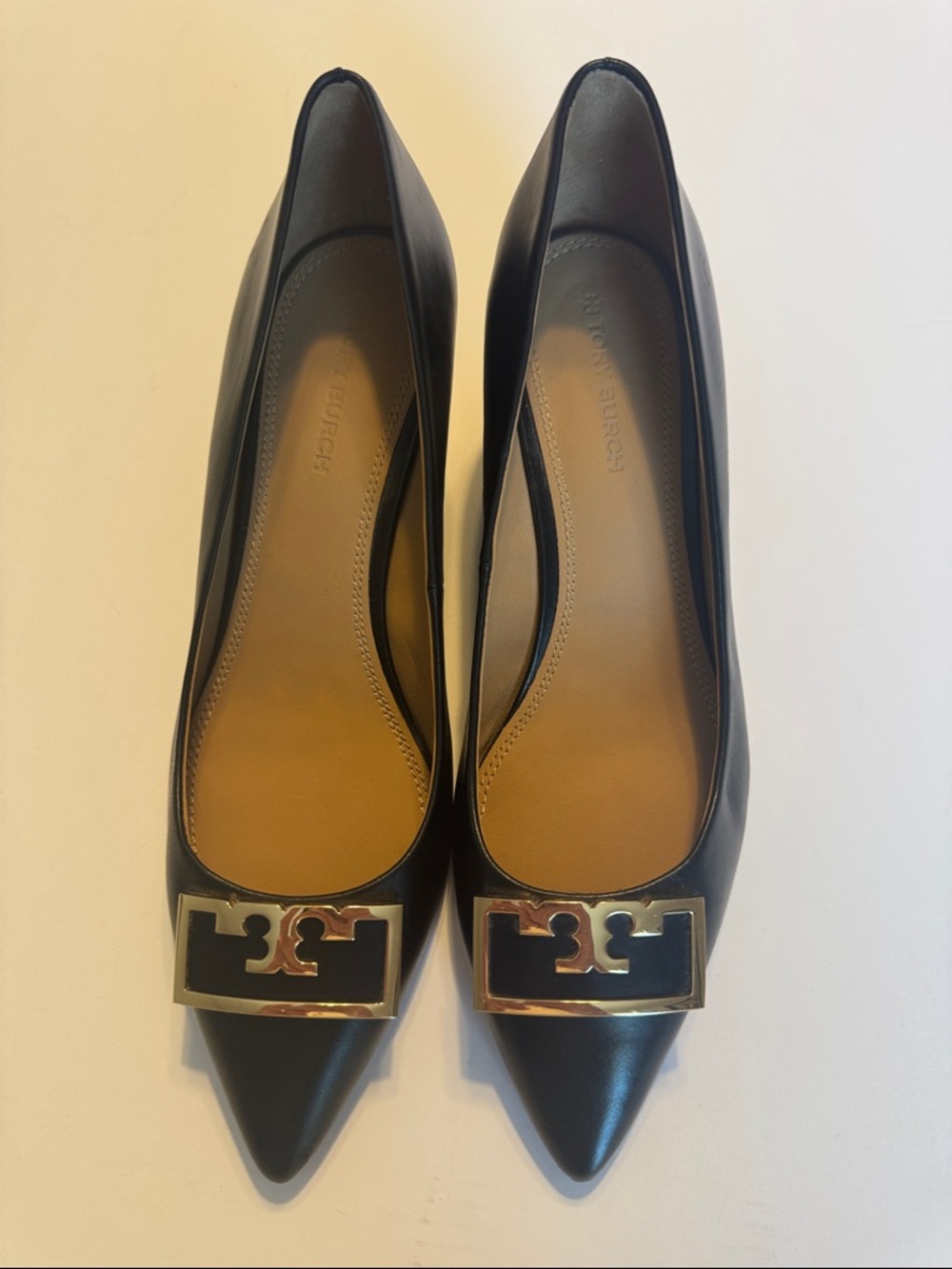 Tory Burch Black Pointed Toe Leather Flats with Gold Logo Plaque